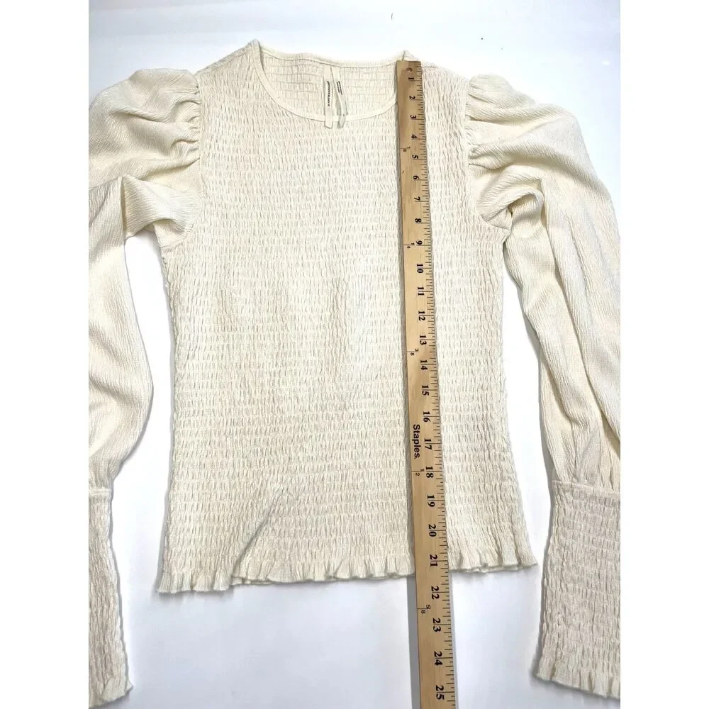 Anthropologie Smocked Puff Sleeve Top Cream Sz M Boho Prairie Cowgirl Indie